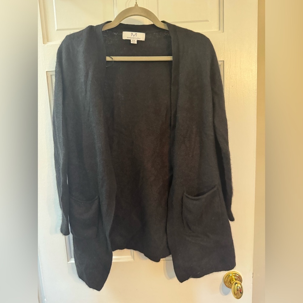 Magaschoni 100% Cashmere Black Open Front Cardigan Duster Medium Pockets 2 Ply